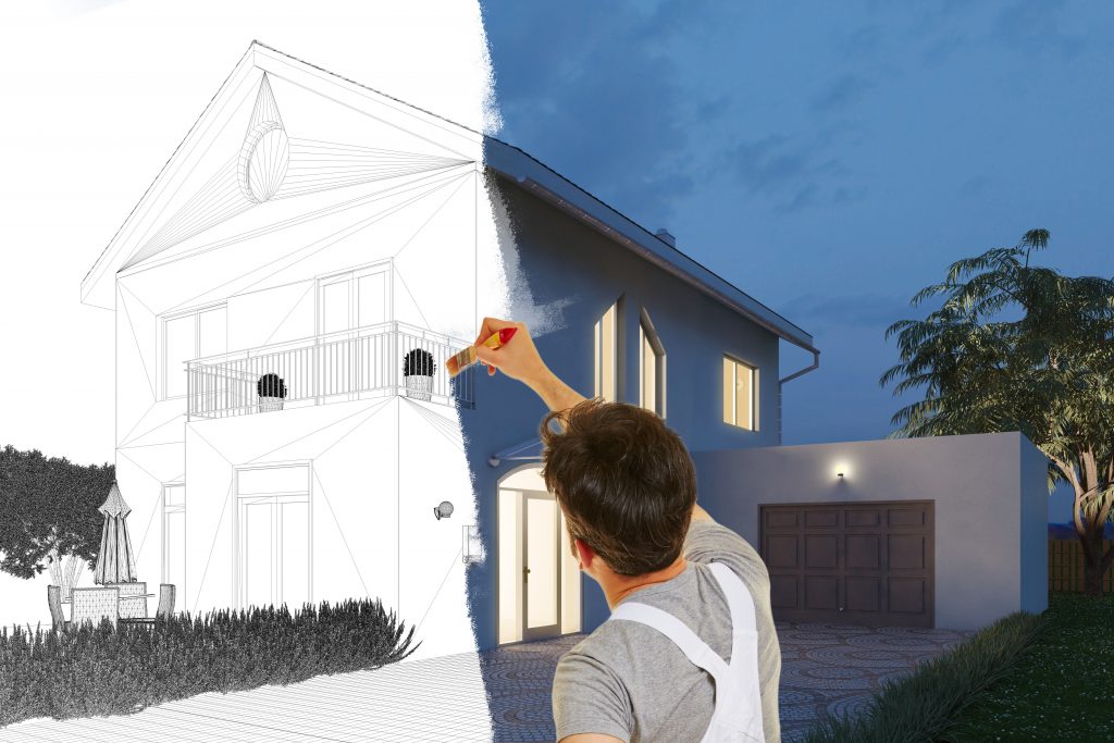 Painter painting picture of modern house from sketch drawing to realistic 3D Rendering